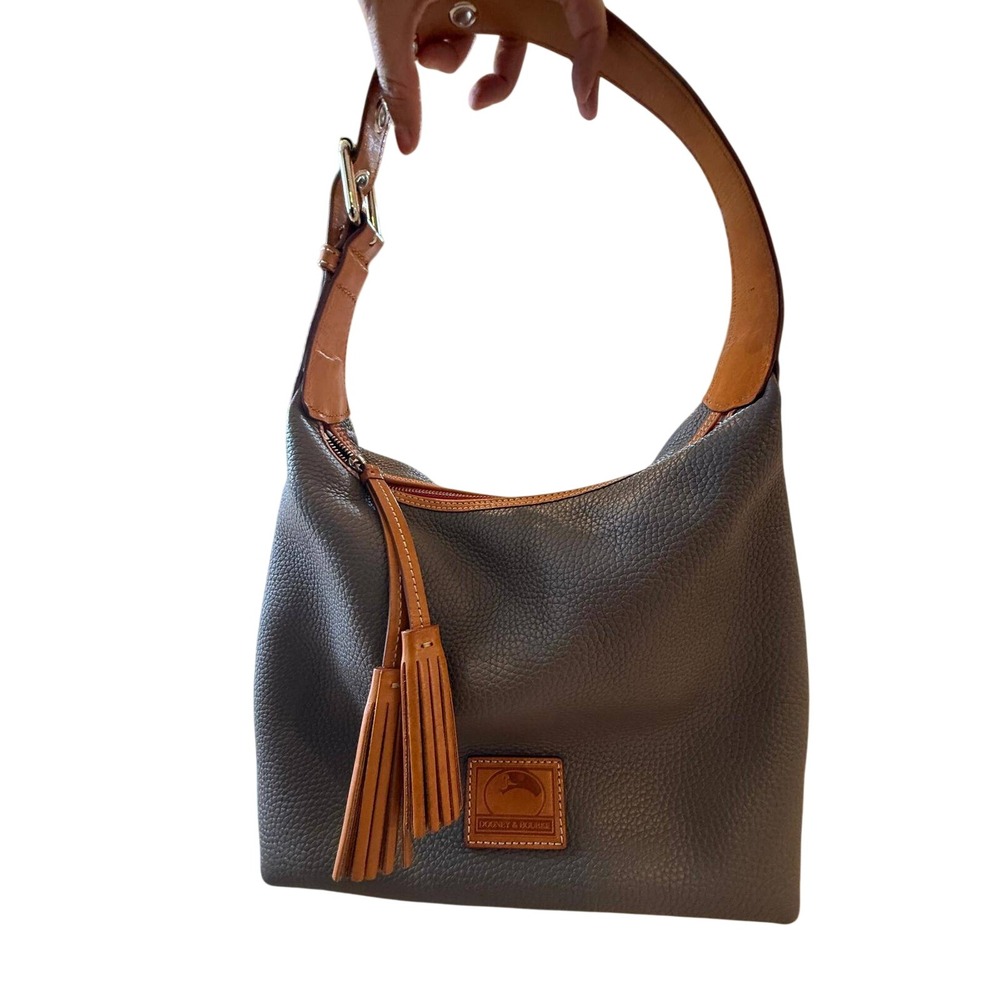 Dooney & Bourke Pebbled Leather Hobo Shoulder Bag Gray Tan Trim Tassel Duck Logo
